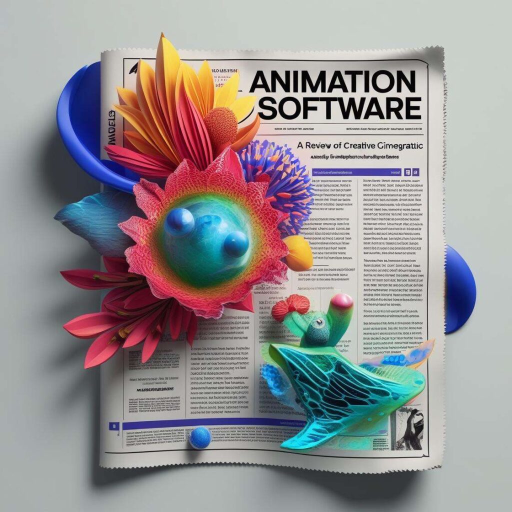 A newspaper page with the headline "ANIMATION SOFTWARE" is covered with colorful, three-dimensional paper art, including a bright flower, a blue-green planet, and a whimsical bird. The vibrant decorations give the flat newspaper a lively, creative look.