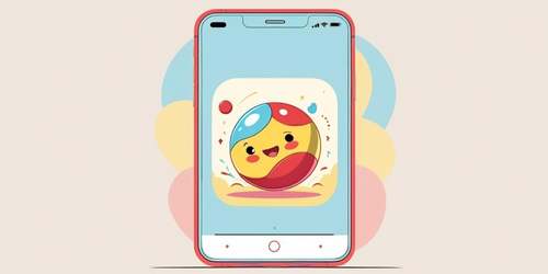 A smartphone with a red border displays a colorful app icon featuring a smiling, cartoon-style ball with red, yellow, and blue sections. The background includes soft pastel circles in blue, yellow, and pink.