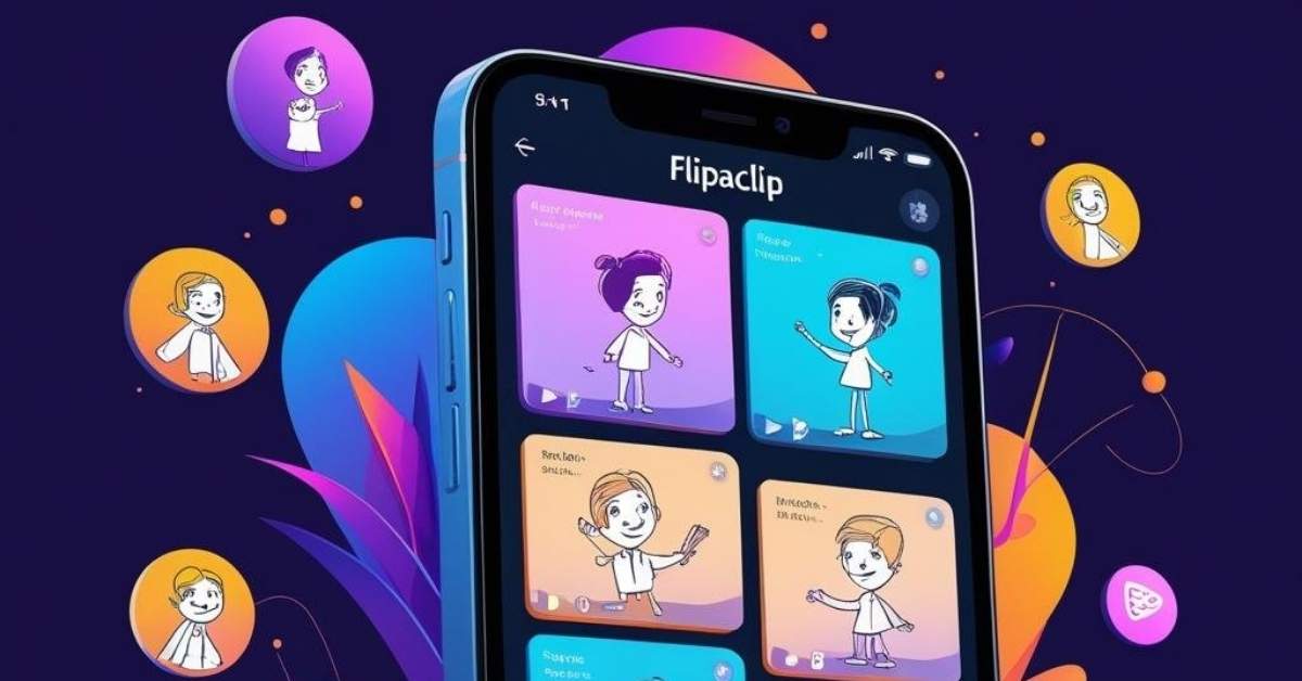 A vibrant illustration featuring a smartphone displaying the Flipaclip app interface with cartoon character sketches. Surrounding the phone are colorful, playful drawings of animated characters and abstract shapes, highlighting creativity and animation on a mobile device.