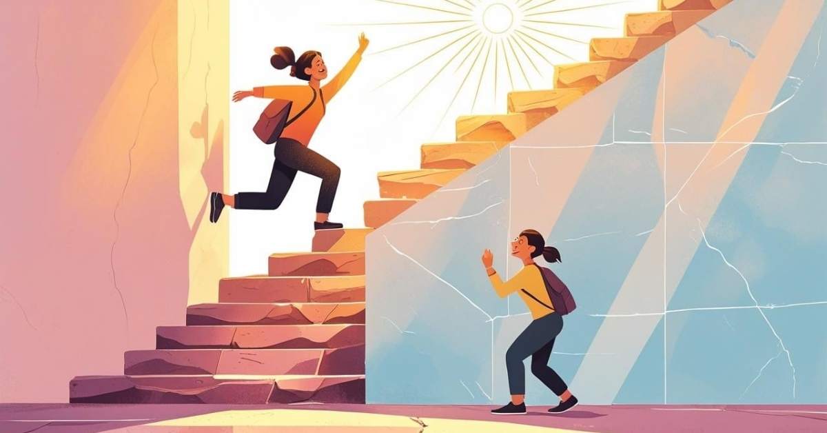 An illustration of two people at the base of a staircase. One person is confidently climbing a set of uneven, imperfect stone steps toward a bright sun, symbolizing progress. The other person stands still at the bottom, facing a smooth, perfect wall with no way up, representing perfection. The scene highlights that taking imperfect steps leads to progress, while waiting for perfection leads nowhere.