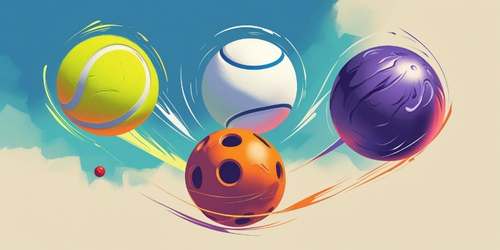 Four colorful sports balls—yellow tennis ball, white baseball, orange ball with holes, and purple ball—floating dynamically against a blue and beige background with motion streaks.