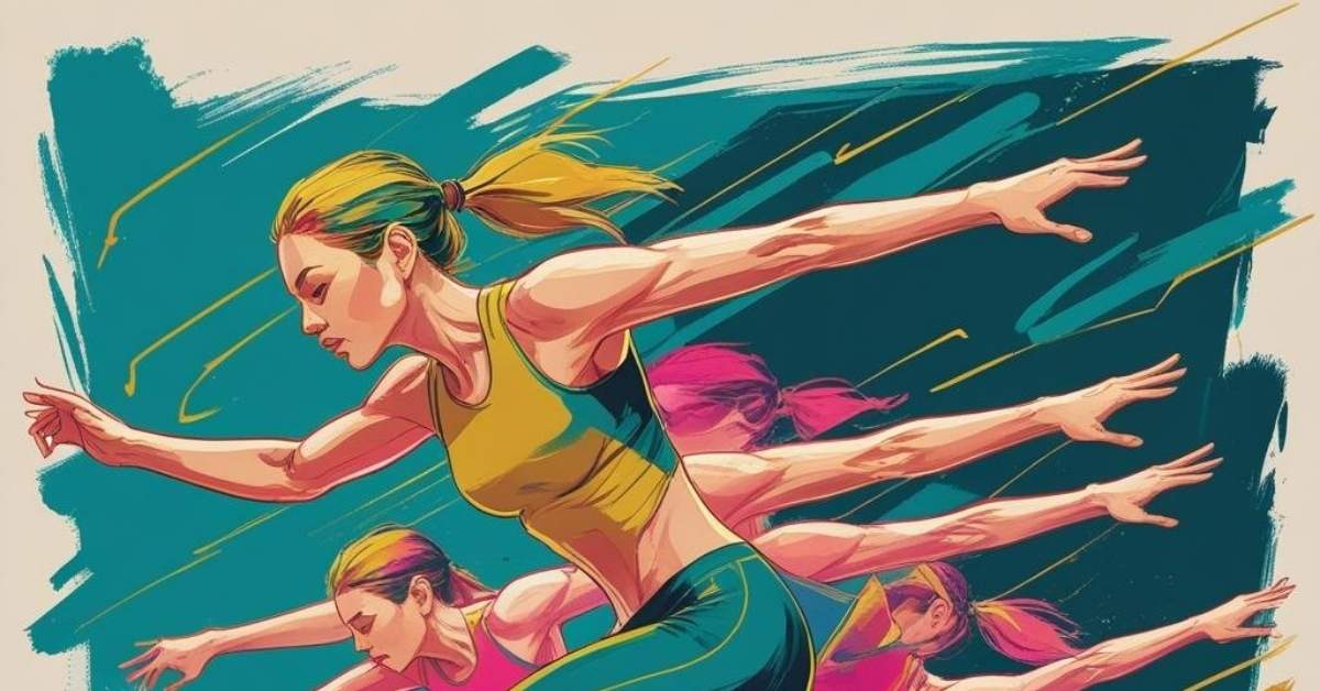 A vibrant, stylized illustration of a person in colorful athletic clothing running, with multiple overlapping poses to show motion. Dynamic swirls and streaks of neon colors in the background emphasize the sense of animated movement and energy.