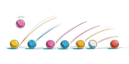 A colorful sketch of seven balls in a row, each a different color, with curved lines showing the bouncing paths of the balls. One ball is in mid-air, illustrating motion and energy. The scene is framed with a simple wooden border.