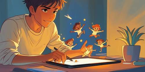 A young person sits at a desk, drawing on a digital tablet with a stylus. Small, joyful cartoon characters appear to come to life and float above the tablet, as if emerging from the drawing. The scene is warmly lit, with a potted plant and notebook on the desk, creating a cozy and creative atmosphere.