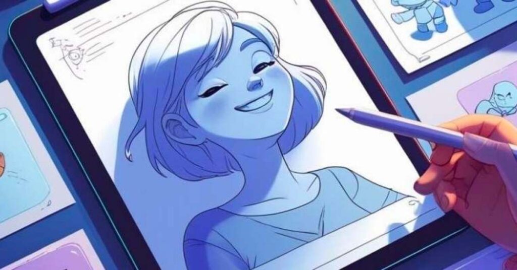 A colorful digital illustration of a drawing tablet on a desk, surrounded by floating cartoon character sketches and animation frames. The scene is lively, with stars and arrows suggesting movement and creativity, capturing the playful process of starting animation.