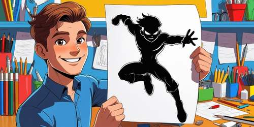 A smiling young man with brown hair, wearing a blue shirt, holds up a drawing of a dynamic superhero silhouette in a creative, colorful art studio filled with pencils, papers, and art supplies.