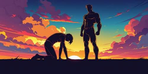 Two muscular figures are silhouetted against a vibrant sunset sky with dramatic clouds. One person is kneeling on the ground with their head bowed, while the other stands tall and strong beside them. The sun is setting on the horizon, casting warm orange, pink, and purple hues across the scene.