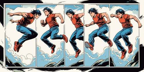 A comic-style illustration showing a young man with dark hair, wearing a red shirt and blue jeans, leaping across a rocky landscape in five sequential panels. The background features a blue sky with clouds, and the man appears determined as he jumps from left to right.