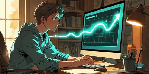 A young man sits at a desk in a cozy, sunlit room, focused on a computer screen displaying a glowing, upward-trending graph. The graph appears to extend out of the screen in a dynamic, animated style. The desk is cluttered with stationery, and bookshelves are visible in the background.