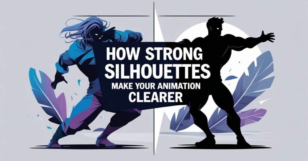 Two stylized character silhouettes face each other with dynamic poses, separated by a vertical line. The left character is detailed with blue and purple shades, while the right character is a solid black silhouette. Large text in the center reads: "How Strong Silhouettes Make Your Animation Clearer." Decorative feathers and abstract shapes are in the background.