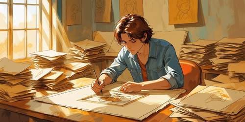 A young artist with brown hair sits at a desk covered in stacks of paper, drawing a portrait in a sunlit room. Sunlight streams through a large window, illuminating the workspace filled with sketches and drawings pinned to the walls.