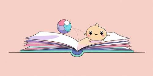 An open book with colorful pages sits on a pink background. A cute, smiling cartoon character and a multicolored ball appear to pop out from the book, giving a playful and imaginative feel.