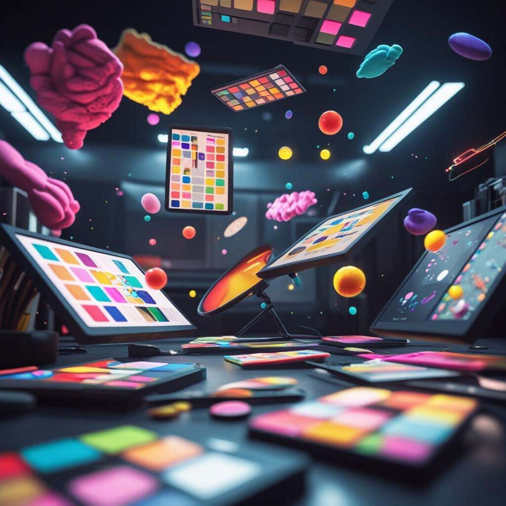A creative workspace filled with digital tablets and color palettes, with vibrant color swatches and abstract shapes floating in the air, creating a lively and imaginative atmosphere. Bright lighting and colorful objects add to the energetic, artistic vibe of the scene.