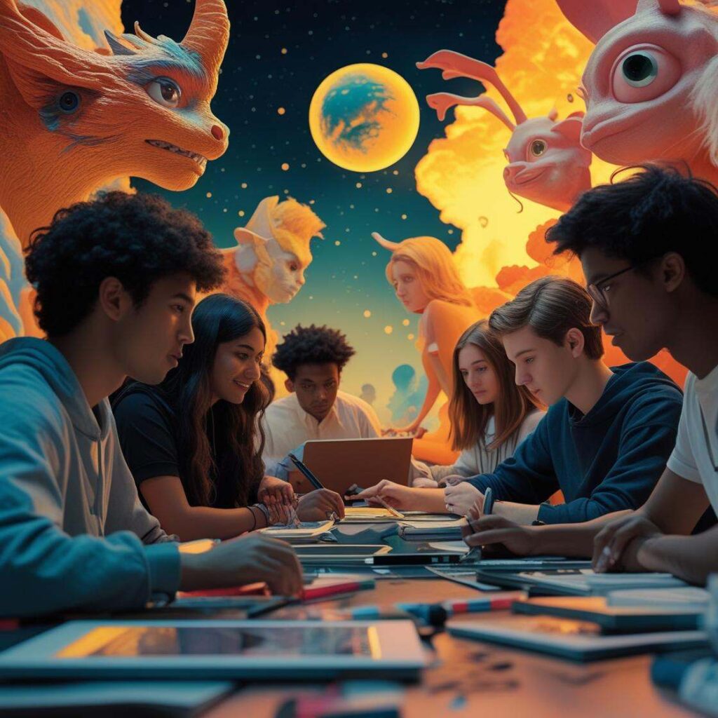 A group of diverse young people sit around a table, drawing and working on digital tablets. Behind them, a vibrant, imaginative fantasy scene comes to life, featuring large, colorful mythical creatures and planets floating in a starry sky, blending creativity and teamwork in a magical atmosphere.