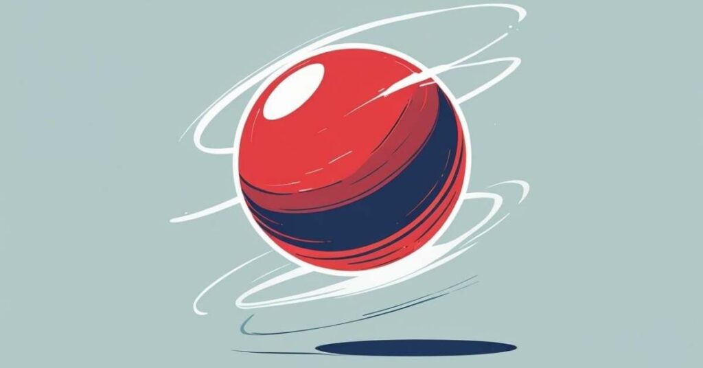 A large red ball with a dark stripe is illustrated in mid-air, surrounded by dynamic white motion lines to show it bouncing. A shadow beneath the ball emphasizes its movement and height above the ground. The background is a simple light blue.