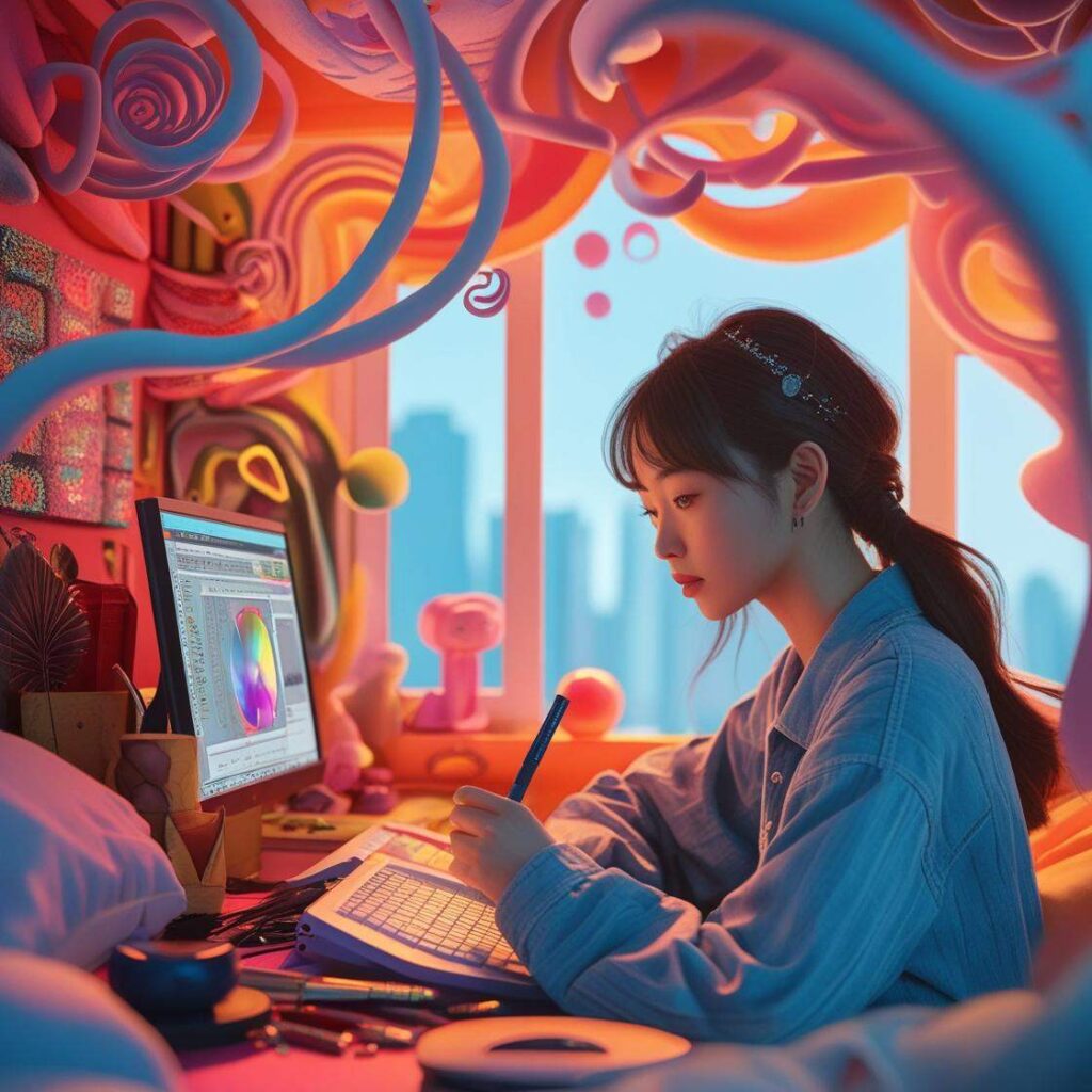A young woman sits at a colorful, whimsical desk, working on digital art with a stylus and tablet. She is focused on her computer screen, which displays a color wheel. The room is filled with vibrant, swirling decorations and soft lighting, creating a dreamy, creative atmosphere. Large windows in the background reveal a city skyline.
